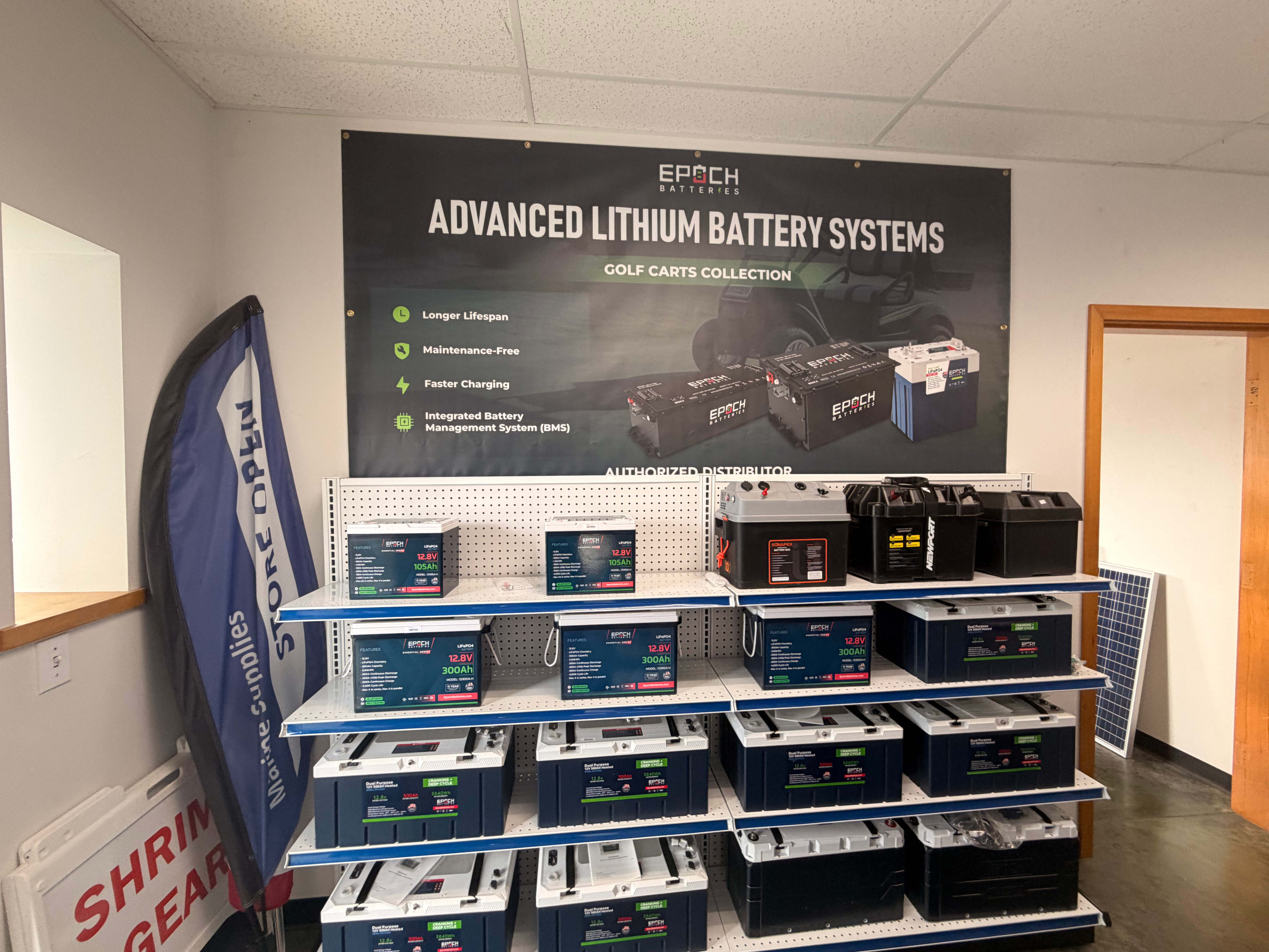 EPOCH advanced lithium battery systems display at Essential Shipyard, Washington's largest EPOCH marine battery dealer