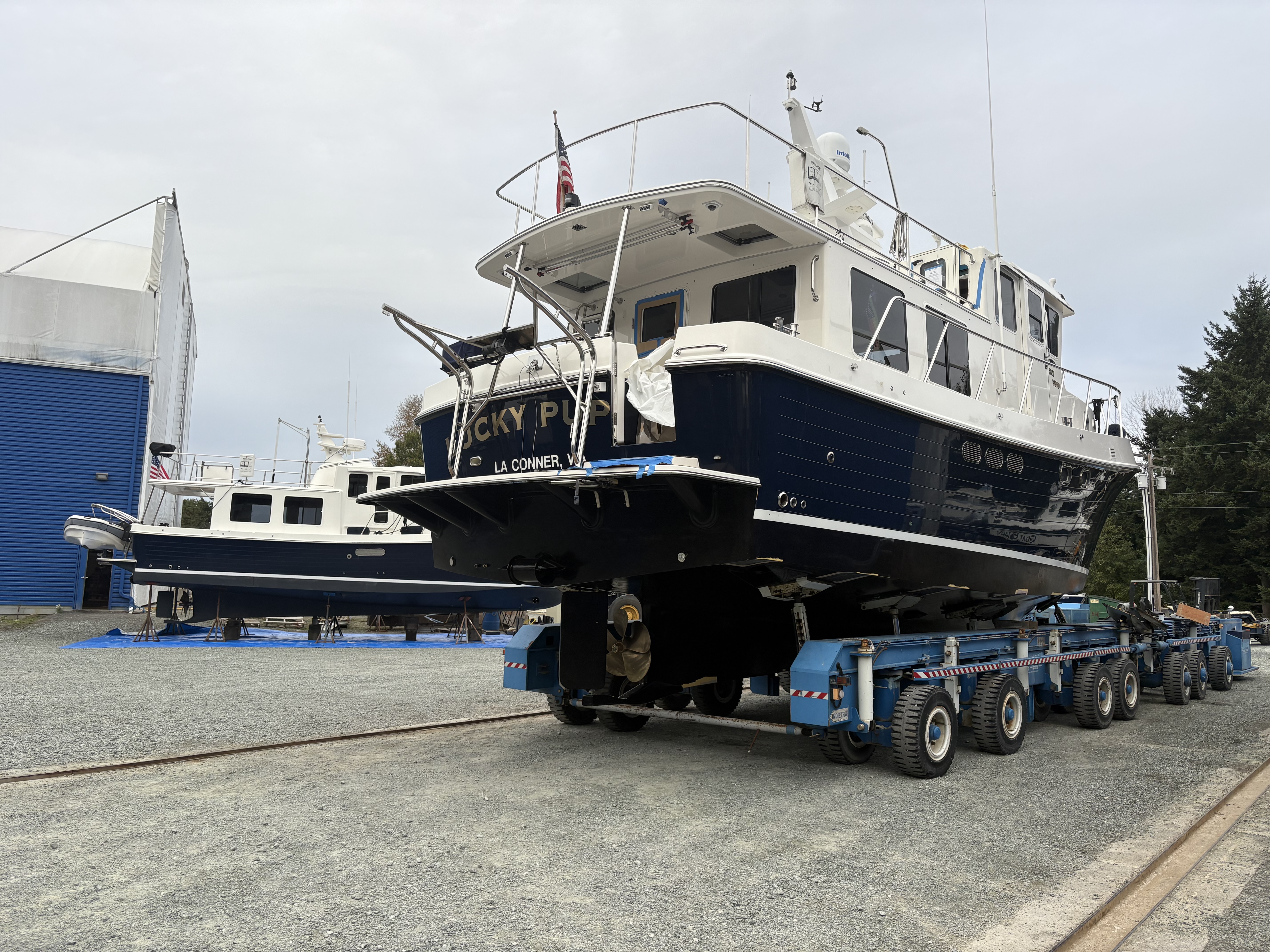 Trawler moved on the 200-ton hydraulic trailer at the Essential Shipyard yard in La Conner